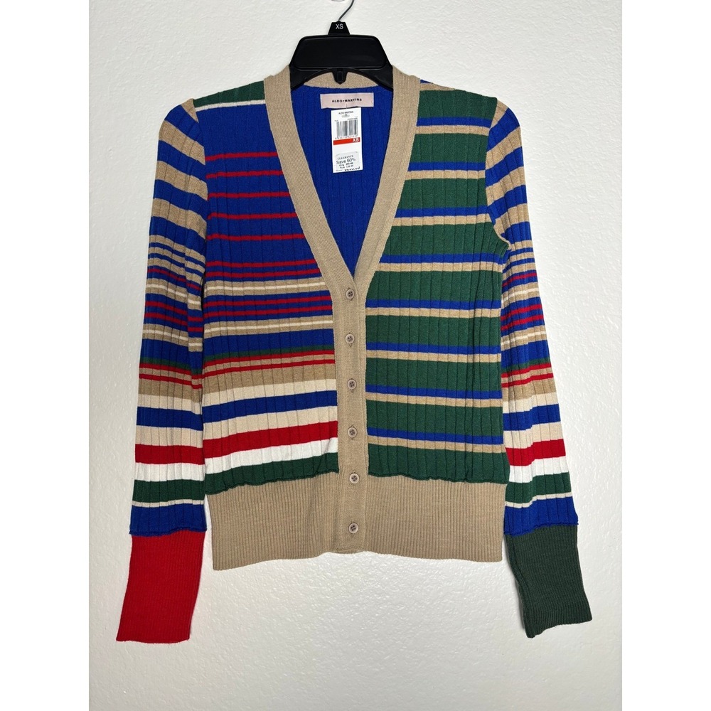 Aldo Martins Striped Colorblock Ribbed V neck Knit Cardigan Sweater XS